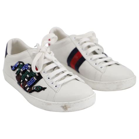 donna gucci sneakers ace in pelle con cristalli|Sneakers Gucci da donna .